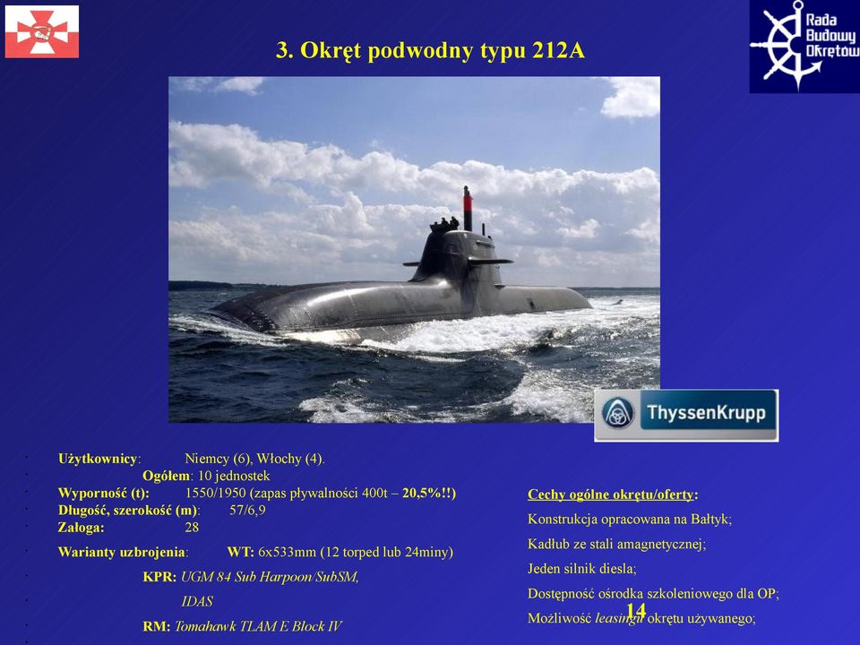 !) Długość, szerokość (m): 57/6,9 Załoga: 28 Warianty uzbrojenia: WT: 6x533mm (12 torped lub 24miny) KPR: UGM 84 Sub