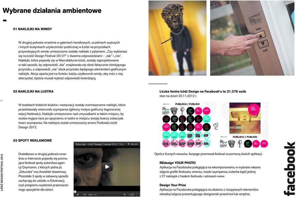 Naklejki, które pojawiły się w Manufakturze Łódź, zostały zaprojektowane w taki sposób, by odpowiedź tak znajdowała się obok faktycznie istniejącego przycisku, a odpowiedź nie obok przycisku będącego
