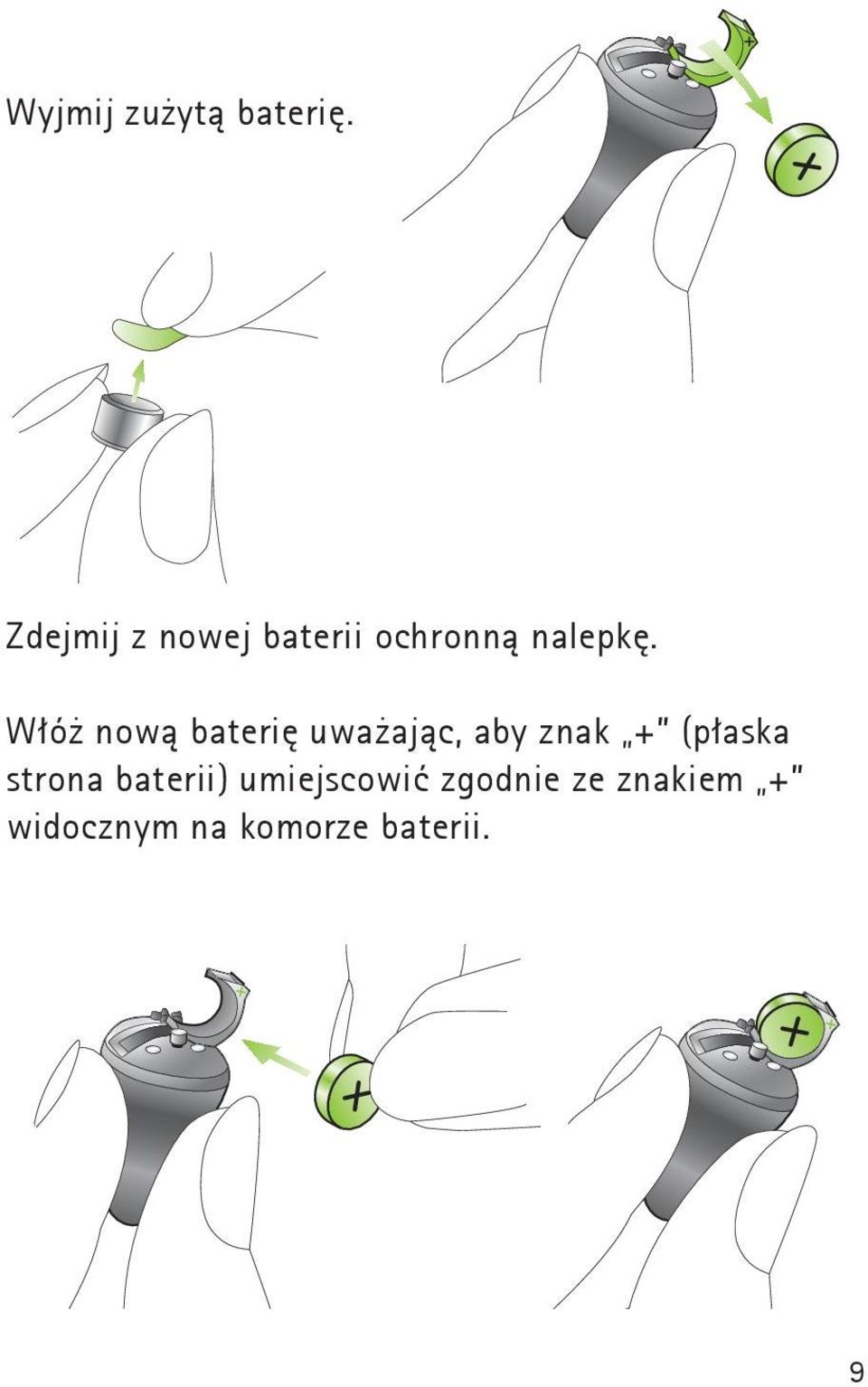 Włóż nową baterię uważając, aby znak + (płaska