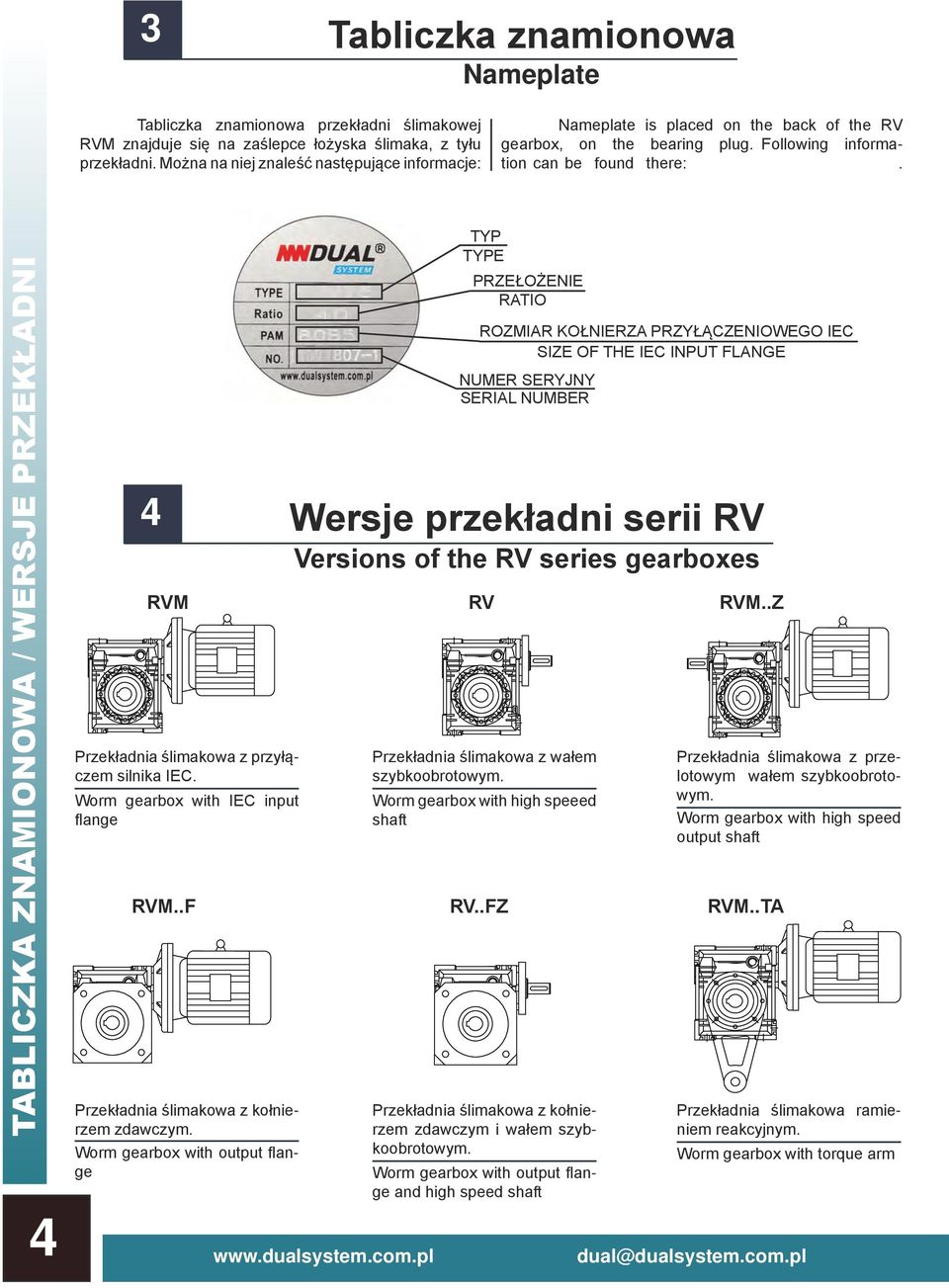 TABLICZKA ZNAMIONOWA / WERSJE PRZEKŁADNI 4 TYP TYPE PRZEŁOŻENIE RATIO ROZMIAR KOŁNIERZA PRZYŁĄCZENIOWEGO IEC SIZE OF THE IEC INPUT FLANGE NUMER SERYJNY SERIAL NUMBER 4 Wersje przekładni serii RV