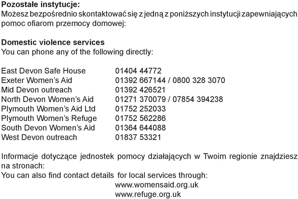 01271 370079 / 07854 394238 Plymouth Women s Aid Ltd 01752 252033 Plymouth Women s Refuge 01752 562286 South Devon Women s Aid 01364 644088 West Devon outreach 01837 53321