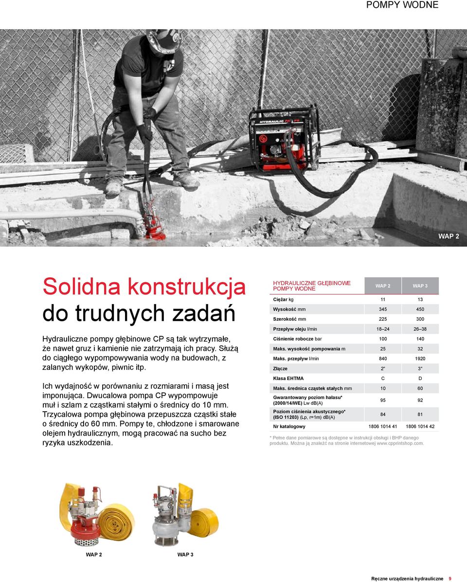 Dwucalowa pompa CP wypompowuje muł i szlam z cząstkami stałymi o średnicy do 10. Trzycalowa pompa głębinowa przepuszcza cząstki stałe o średnicy do 60.