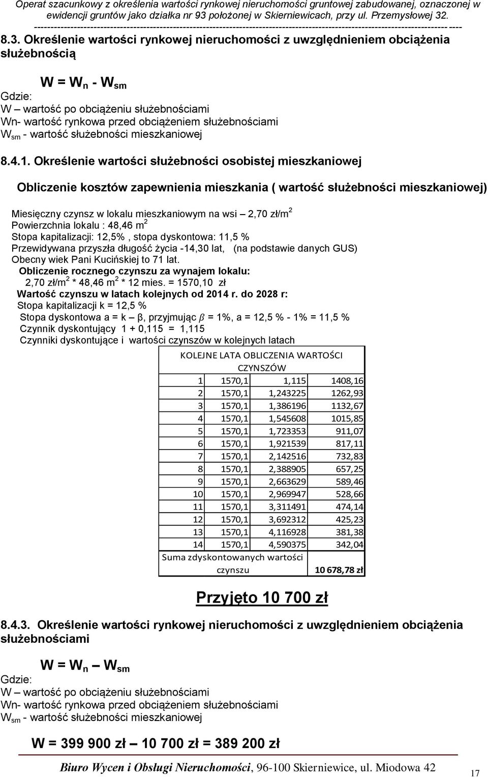 Określenie wartości służebności osobistej mieszkaniowej Obliczenie kosztów zapewnienia mieszkania ( wartość służebności mieszkaniowej) Miesięczny czynsz w lokalu mieszkaniowym na wsi 2,70 zł/m 2
