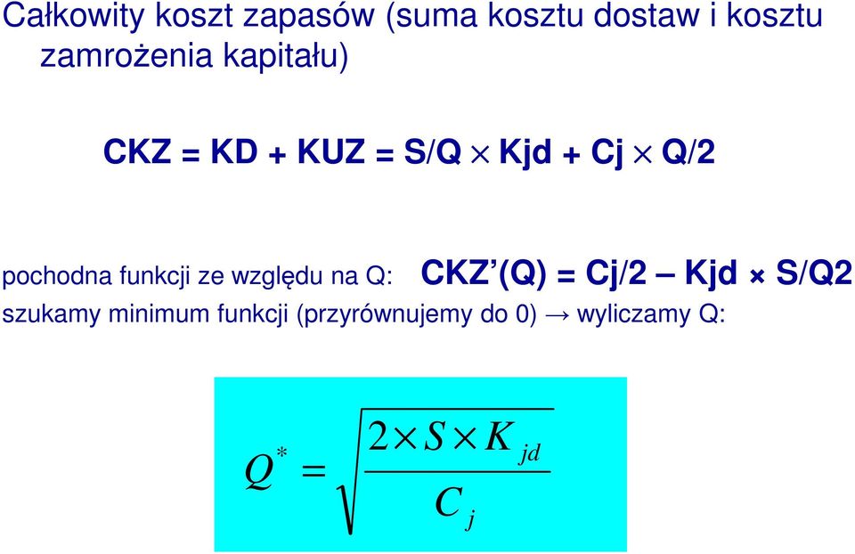 pochodna funkcji ze względu na Q: CKZ (Q) = Cj/2 Kjd S/Q2