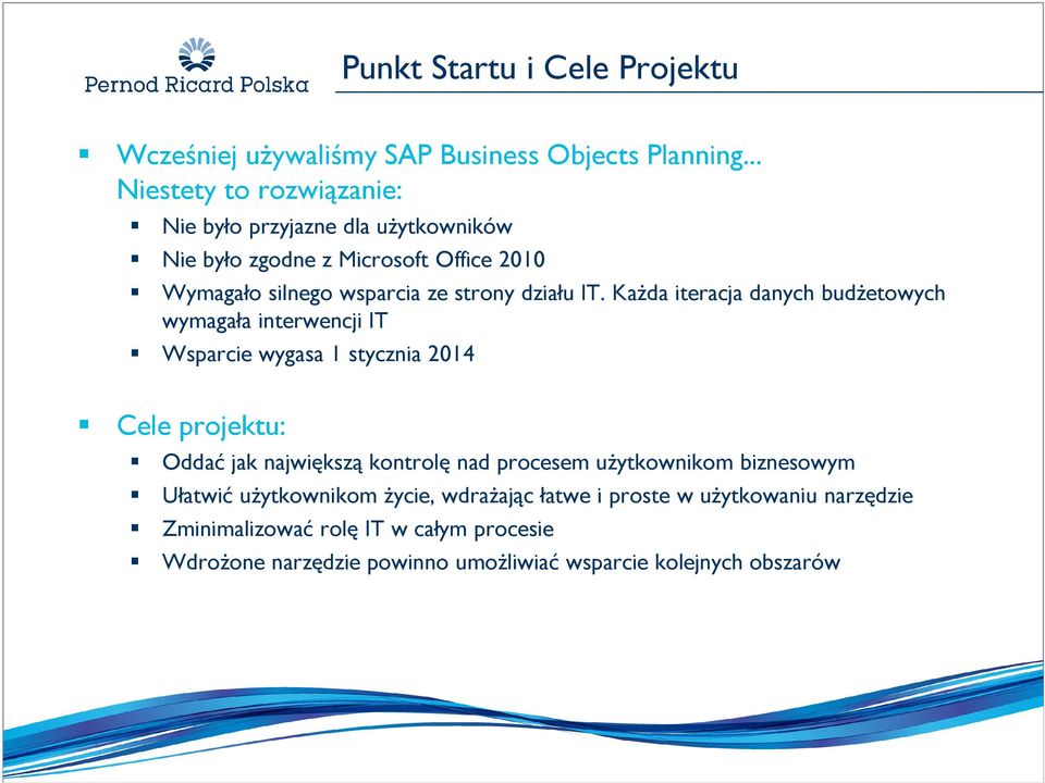 IT. Każda iteracja danych budżetowych wymagała interwencji IT Wsparcie wygasa 1 stycznia 2014 Cele projektu: Oddać jak największą kontrolę nad