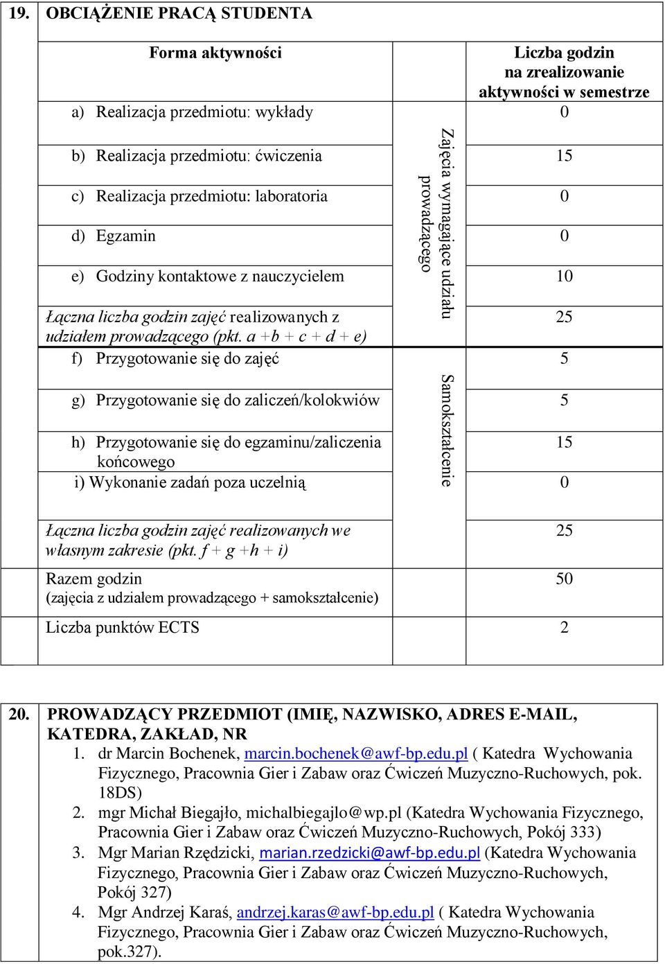 0 d) Egzamin 0 e) Godziny kontaktowe z nauczycielem 10 Łączna liczba godzin zajęć realizowanych z udziałem prowadzącego (pkt.