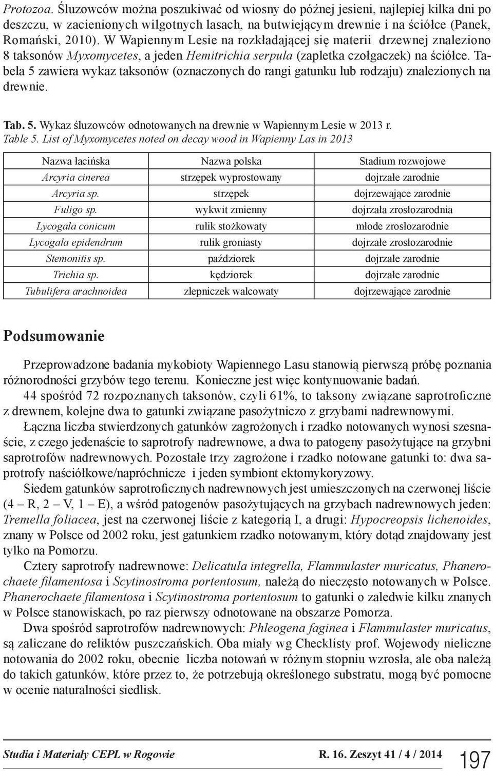 Tabela 5 zawiera wykaz taksonów (oznaczonych do rangi gatunku lub rodzaju) znalezionych na drewnie. Tab. 5. Wykaz śluzowców odnotowanych na drewnie w Wapiennym Lesie w 2013 r. Table 5.