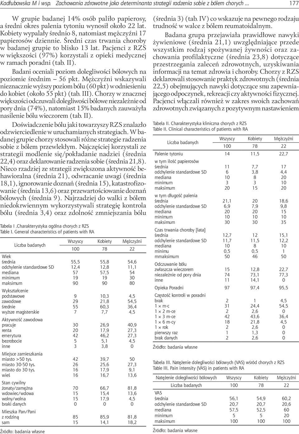 Pacjenci z RZS w większości (%) korzystali z opieki medycznej w ramach poradni (tab. II). Badani oceniali poziom dolegliwości bólowych na poziomie średnim 5 pkt.