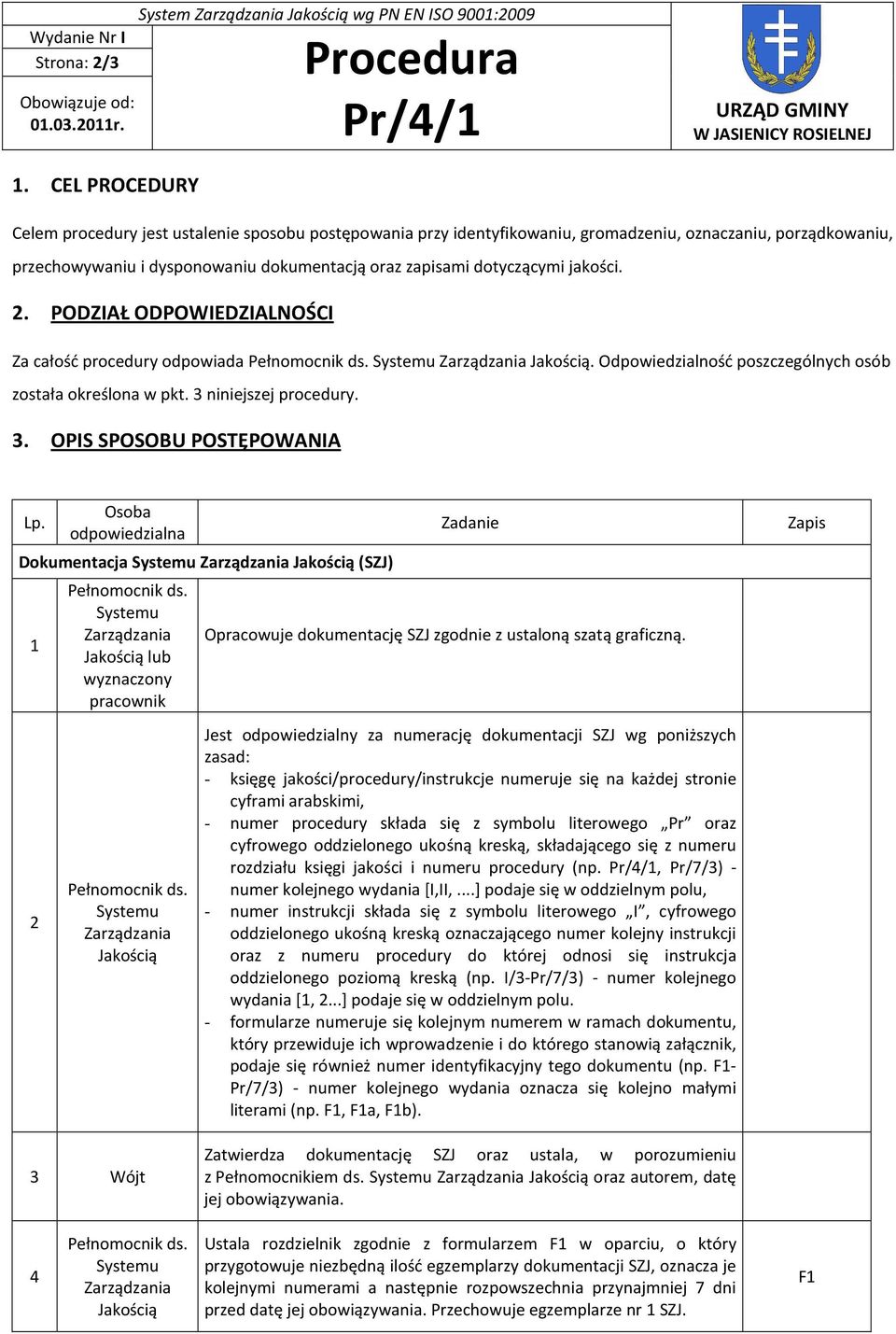 jakości. 2. PODZIAŁ ODPOWIEDZIALNOŚCI Za całość procedury odpowiada. Odpowiedzialność poszczególnych osób została określona w pkt. 3 niniejszej procedury. 3. OPIS SPOSOBU POSTĘPOWANIA Lp.
