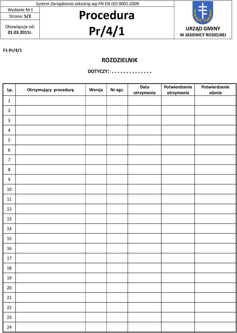 Data otrzymania Potwierdzenie otrzymania