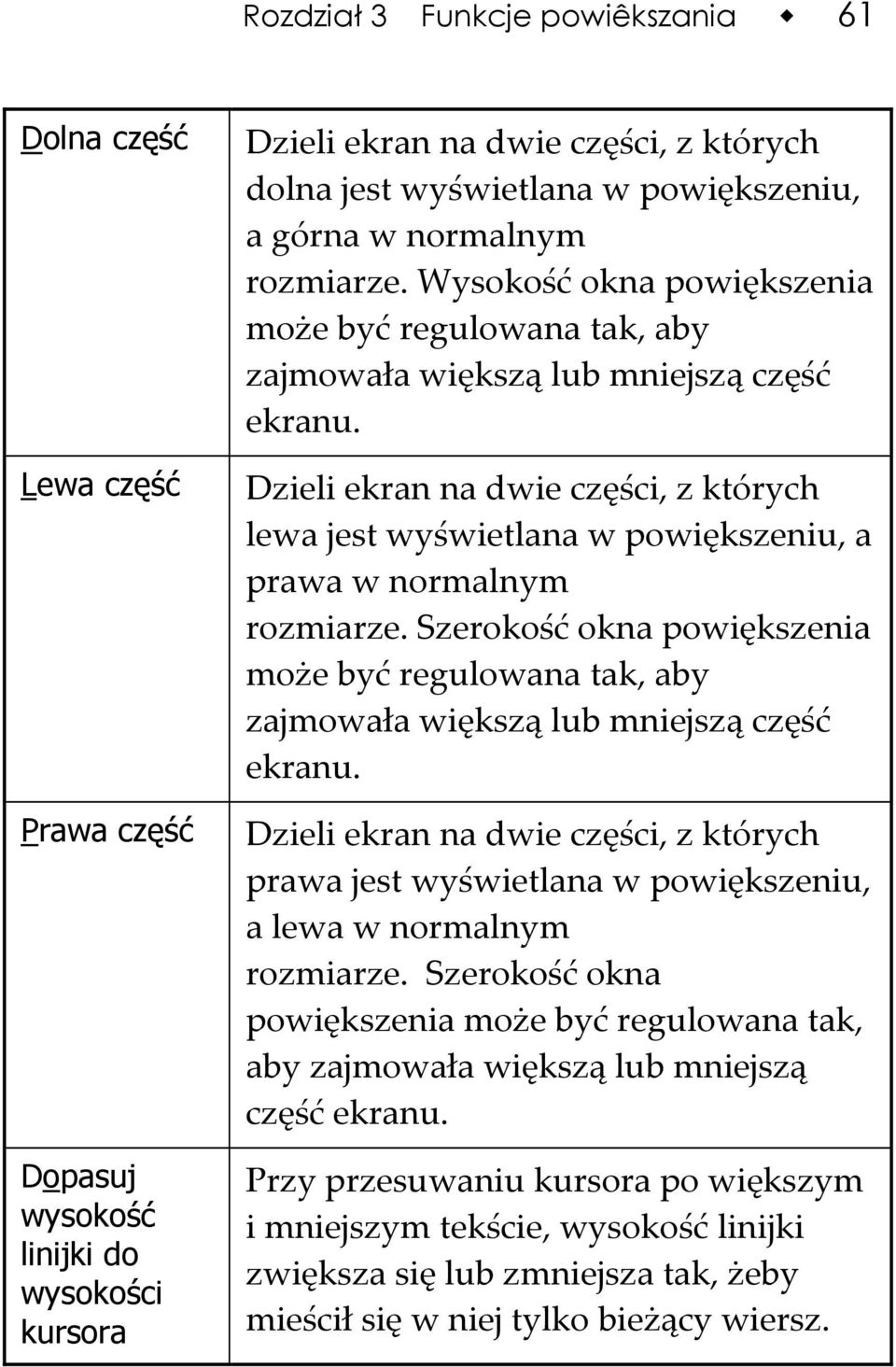 Dzieli ekran na dwie części, z których lewa jest wyświetlana w powiększeniu, a prawa w normalnym rozmiarze.