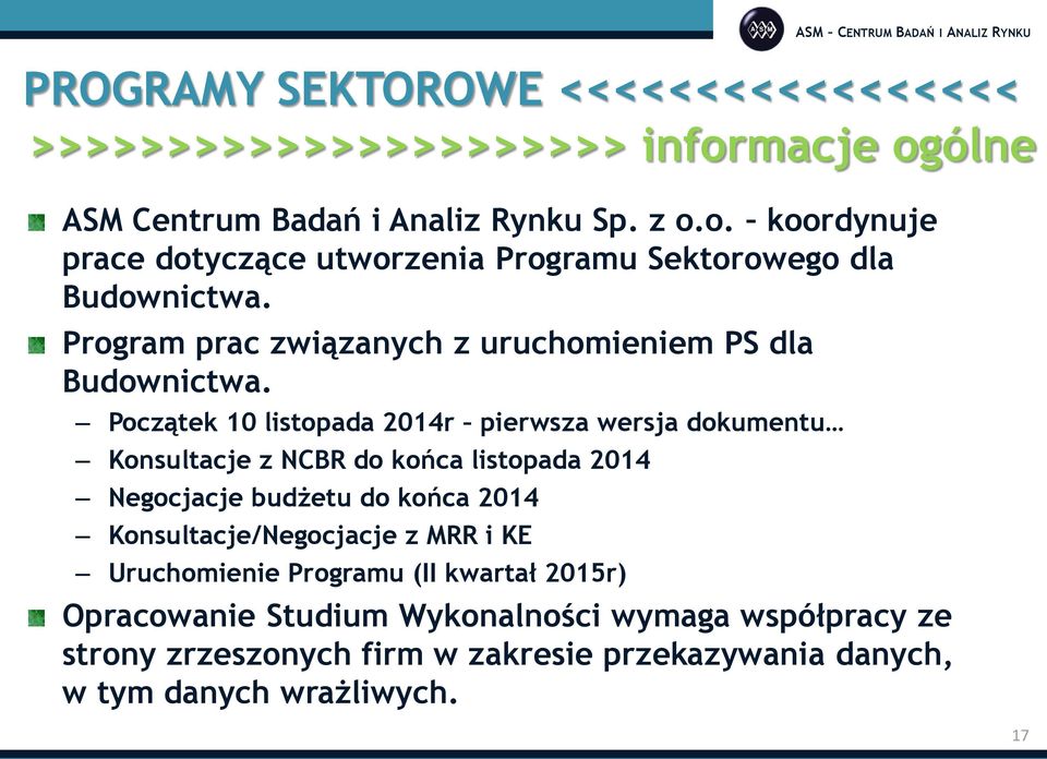 Początek 10 listopada 2014r pierwsza wersja dokumentu Konsultacje z NCBR do końca listopada 2014 Negocjacje budżetu do końca 2014