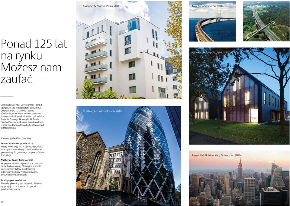 Brytania, Szwecja, Norwegia, Finlandia, Czechy i Słowacja. Rocznie Skanska oddaje w ręce międzynarodowych klientów ponad 3500 mieszkań. 30 St Mary Axe, Wielka Brytania, 2003 r.