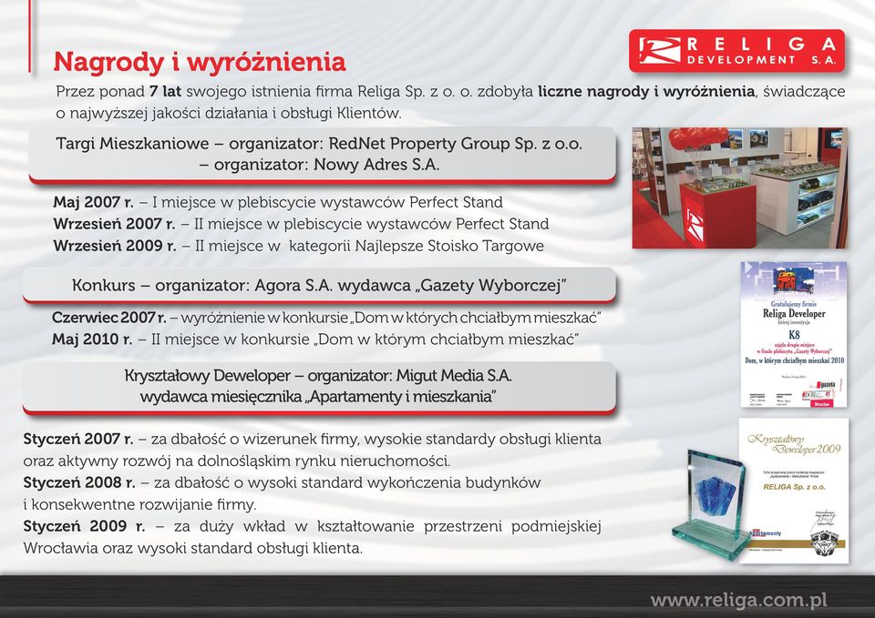 II miejsce w plebiscycie wystawców Perfect Stand Wrzesień 2009 r. II miejsce w kategorii Najlepsze Stoisko Targowe Konkurs organizator: Agora S.A. wydawca Gazety Wyborczej Czerwiec 2007 r.