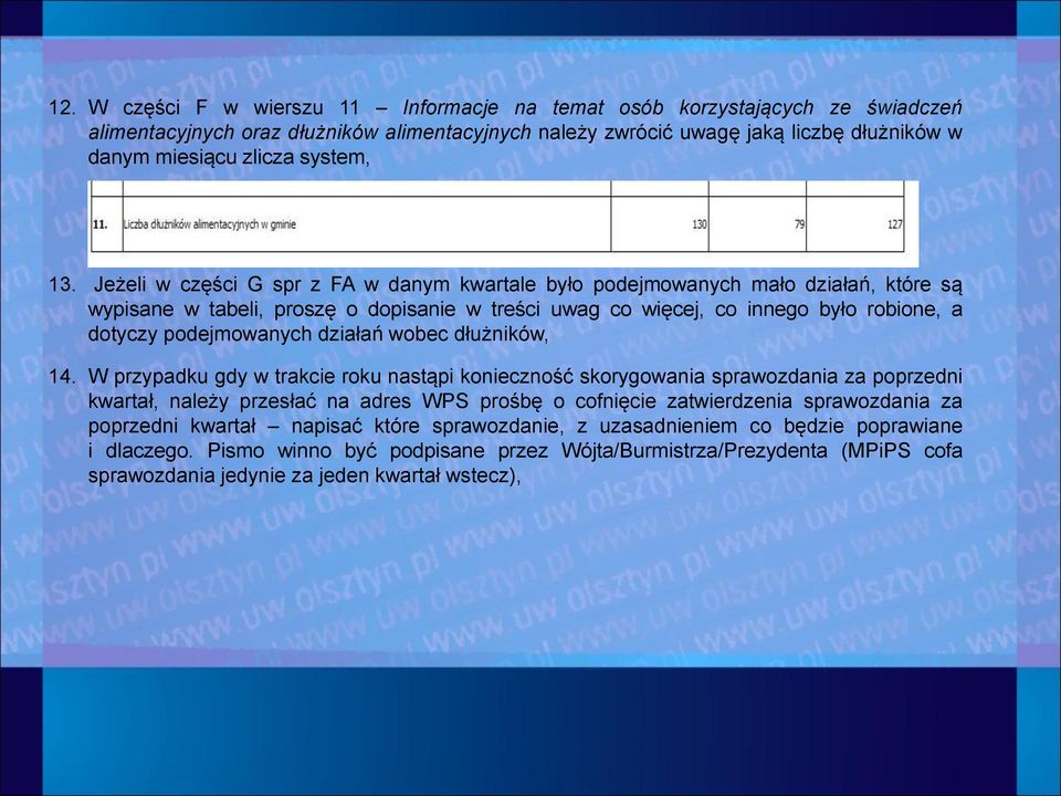 Jeżeli w części G spr z FA w danym kwartale było podejmowanych mało działań, które są wypisane w tabeli, proszę o dopisanie w treści uwag co więcej, co innego było robione, a dotyczy podejmowanych