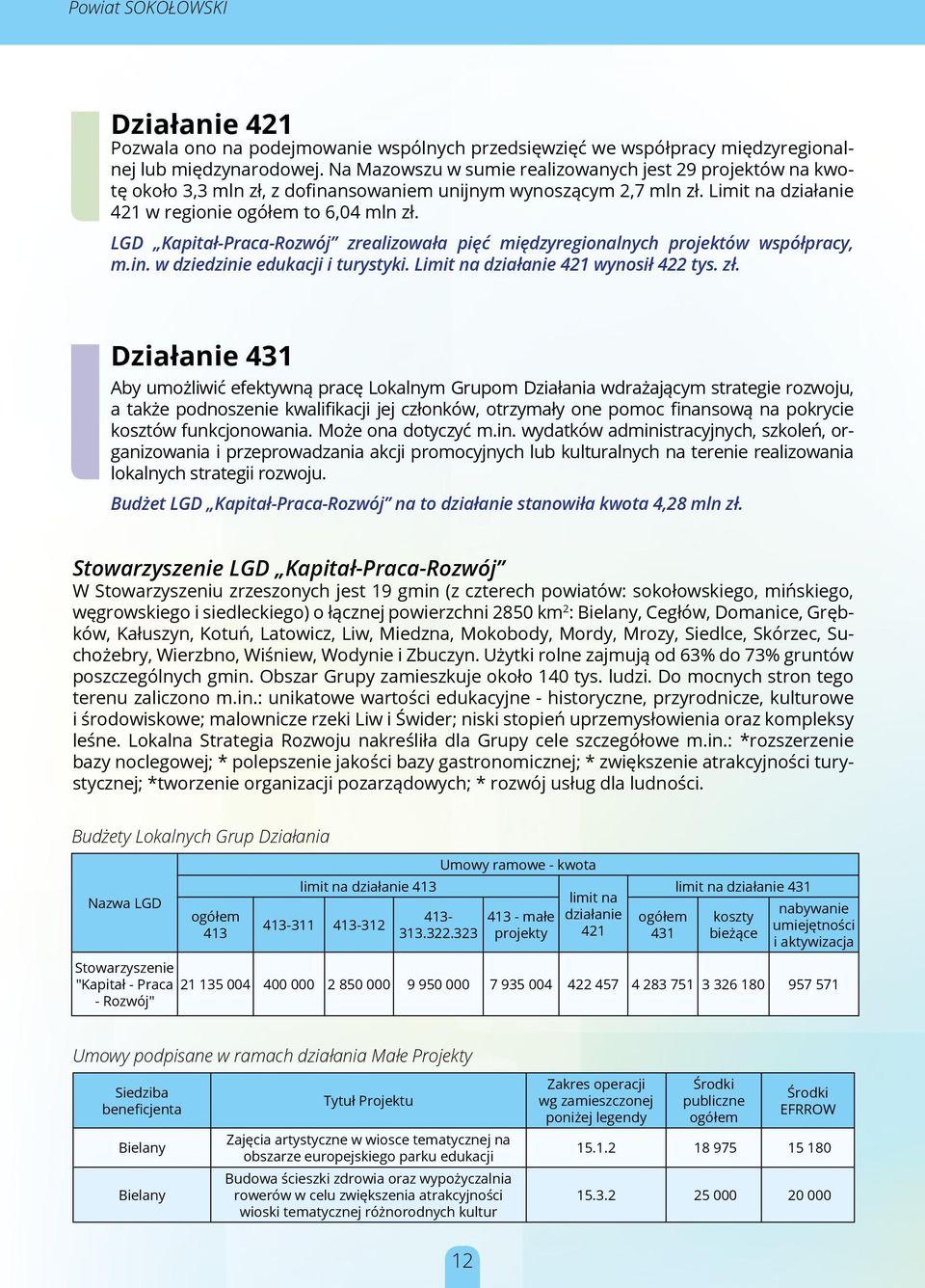 LGD Kapitał-Praca-Rozwój zrealizowała pięć międzyregionalnych projektów współpracy, m.in. w dziedzinie edukacji i turystyki. Limit na działanie 421 wynosił 422 tys. zł.