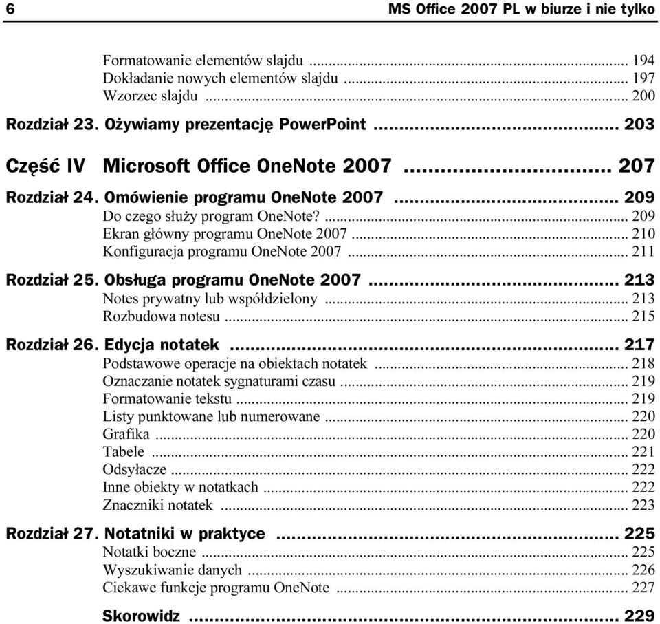 .. 210 Konfiguracja programu OneNote 2007... 211 Rozdział 25. Obsługa programu OneNote 2007... 213 Notes prywatny lub współdzielony... 213 Rozbudowa notesu... 215 Rozdział 26. Edycja notatek.