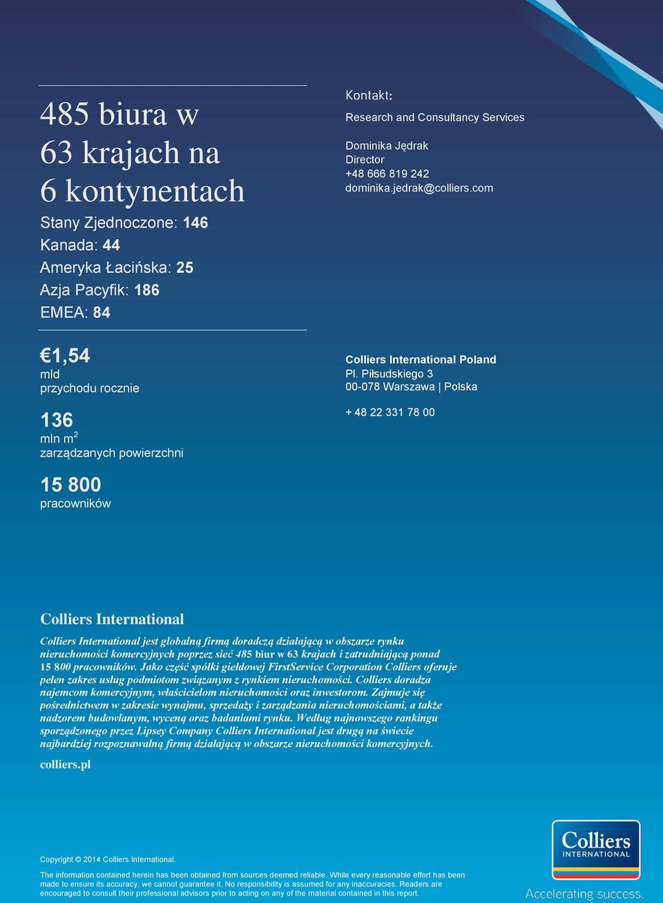 Piłsudskiego 3 00-078 Warszawa Polska + 48 22 331 78 00 15 800 pracowników Colliers International Colliers International jest globalną firmą doradczą działającą w obszarze rynku nieruchomości