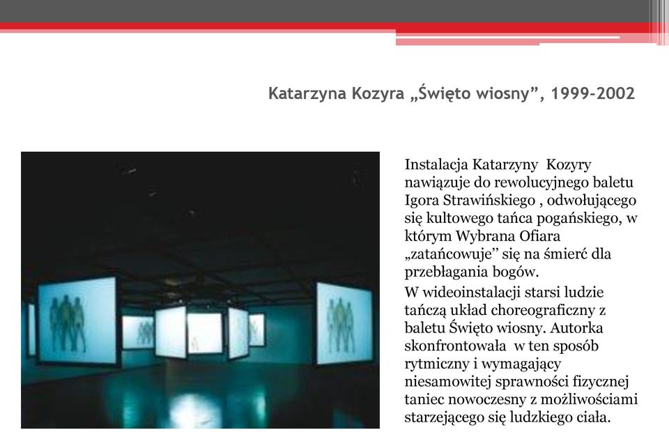 przebłagania bogów. W wideoinstalacji starsi ludzie tańczą układ choreograficzny z baletu Święto wiosny.