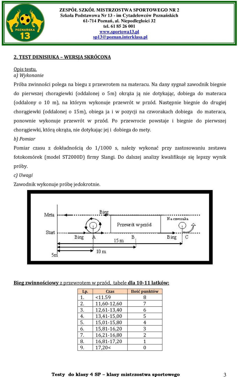 Następnie biegnie do drugiej chorągiewki (oddalonej o 15m), obiega ja i w pozycji na czworakach dobiega do materaca, ponownie wykonuje przewrót w przód.