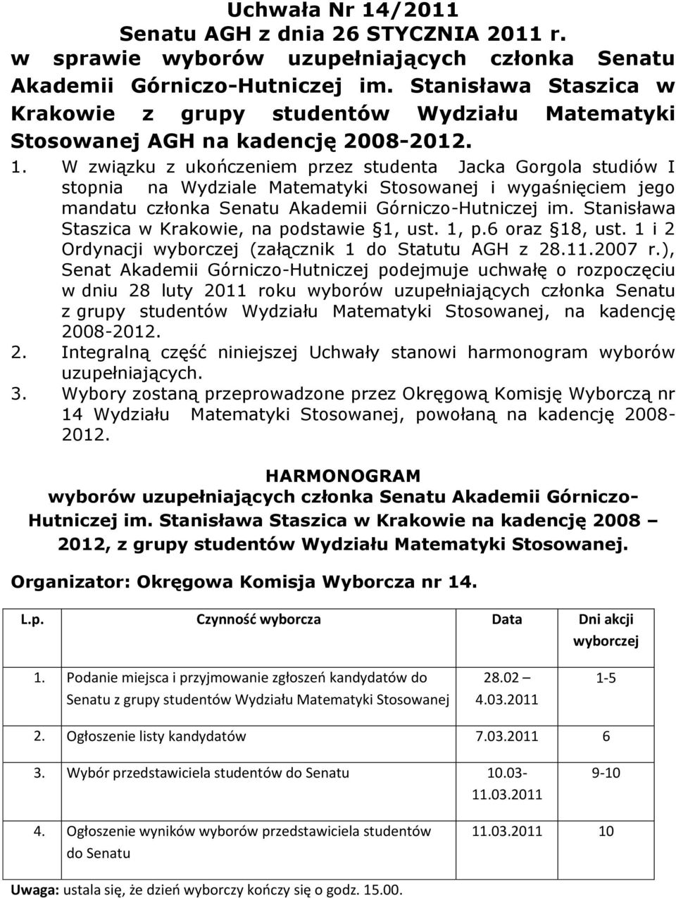 W związku z ukończeniem przez studenta Jacka Gorgola studiów I stopnia na Wydziale Matematyki Stosowanej i wygaśnięciem jego mandatu członka Senatu Akademii Górniczo-Hutniczej im.