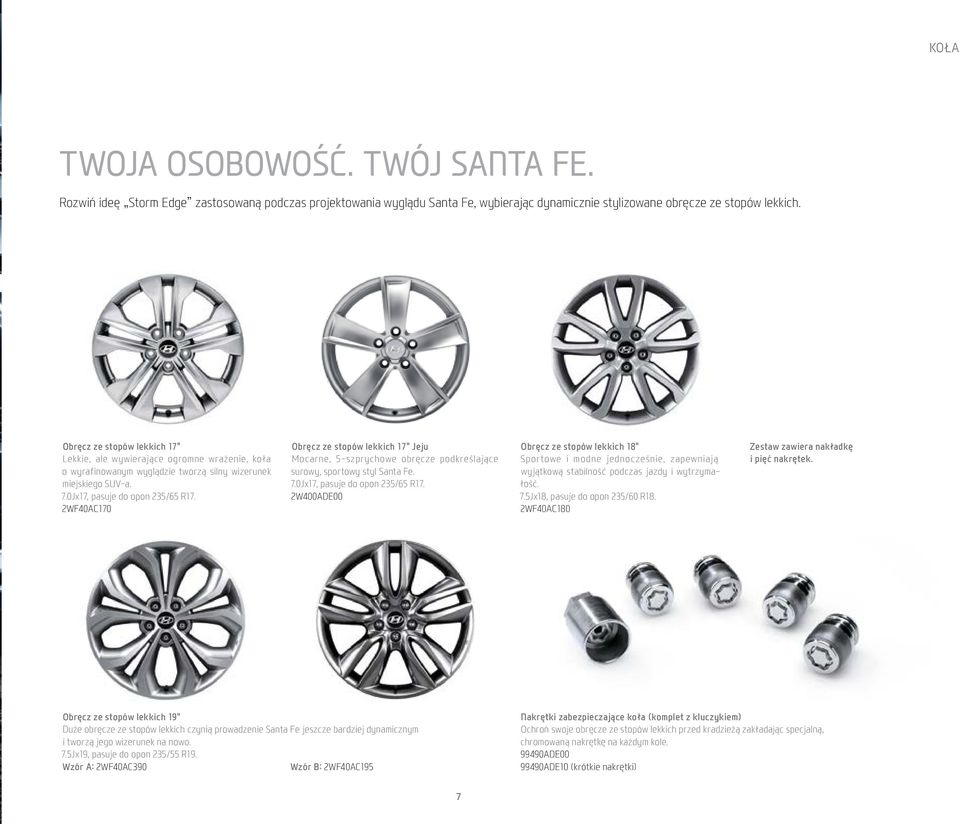 2WF40AC170 Obręcz ze stopów lekkich 17" Jeju Mocarne, 5-szprychowe obręcze podkreślające surowy, sportowy styl Santa Fe. 7.0Jx17, pasuje do opon 235/65 R17.
