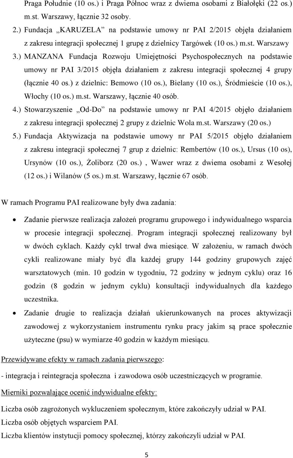 ) MANZANA Fundacja Rozwoju Umiejętności Psychospołecznych na podstawie umowy nr PAI 3/2015 objęła działaniem z zakresu integracji społecznej 4 grupy (łącznie 40 os.) z dzielnic: Bemowo (10 os.