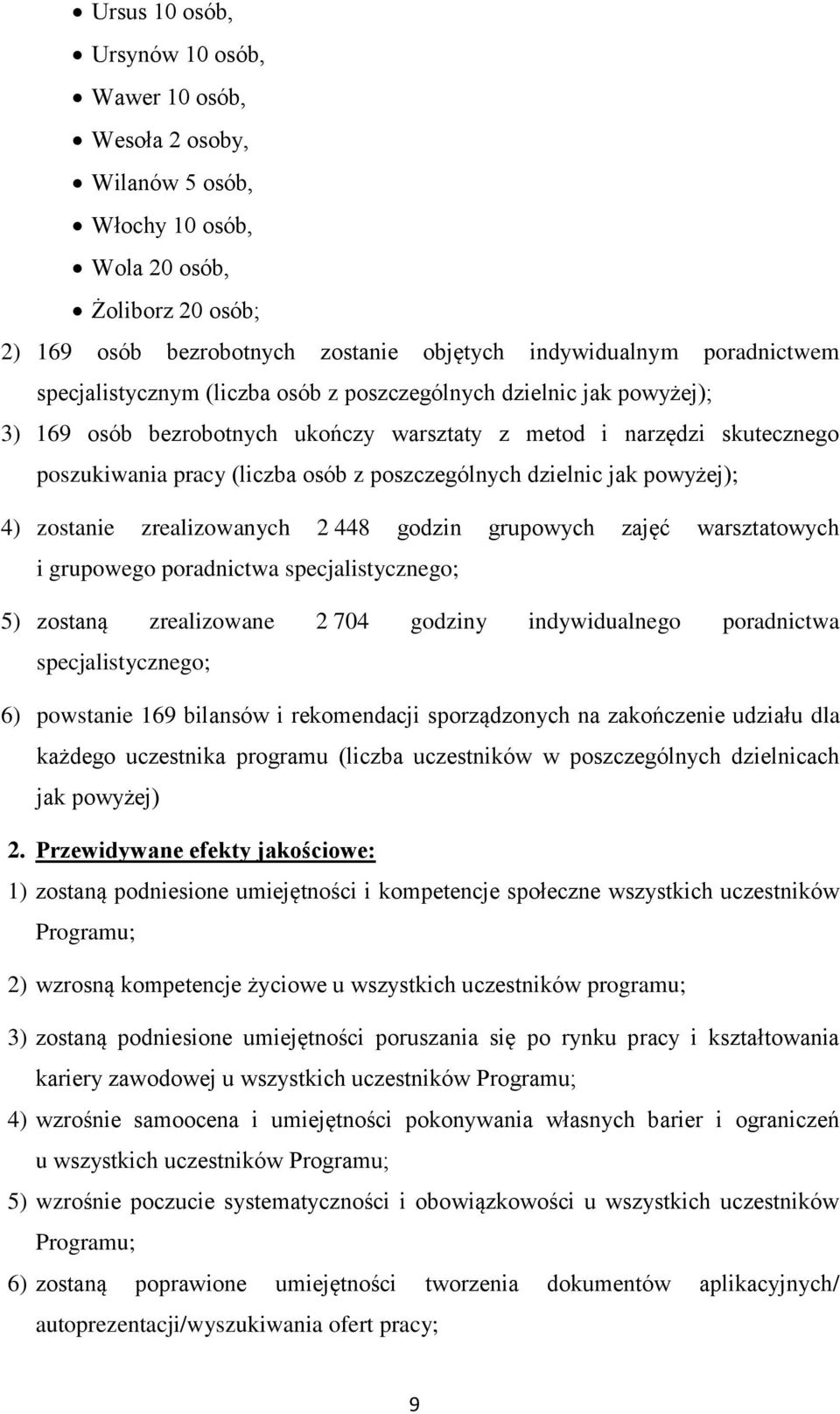 dzielnic jak powyżej); 4) zostanie zrealizowanych 2 448 godzin grupowych zajęć warsztatowych i grupowego poradnictwa specjalistycznego; 5) zostaną zrealizowane 2 704 godziny indywidualnego