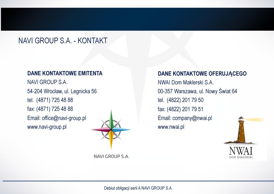 navi-group.pl DANE KONTAKTOWE OFERUJĄCEGO NWAI Dom Maklerski S.A. 00-357 Warszawa, ul.