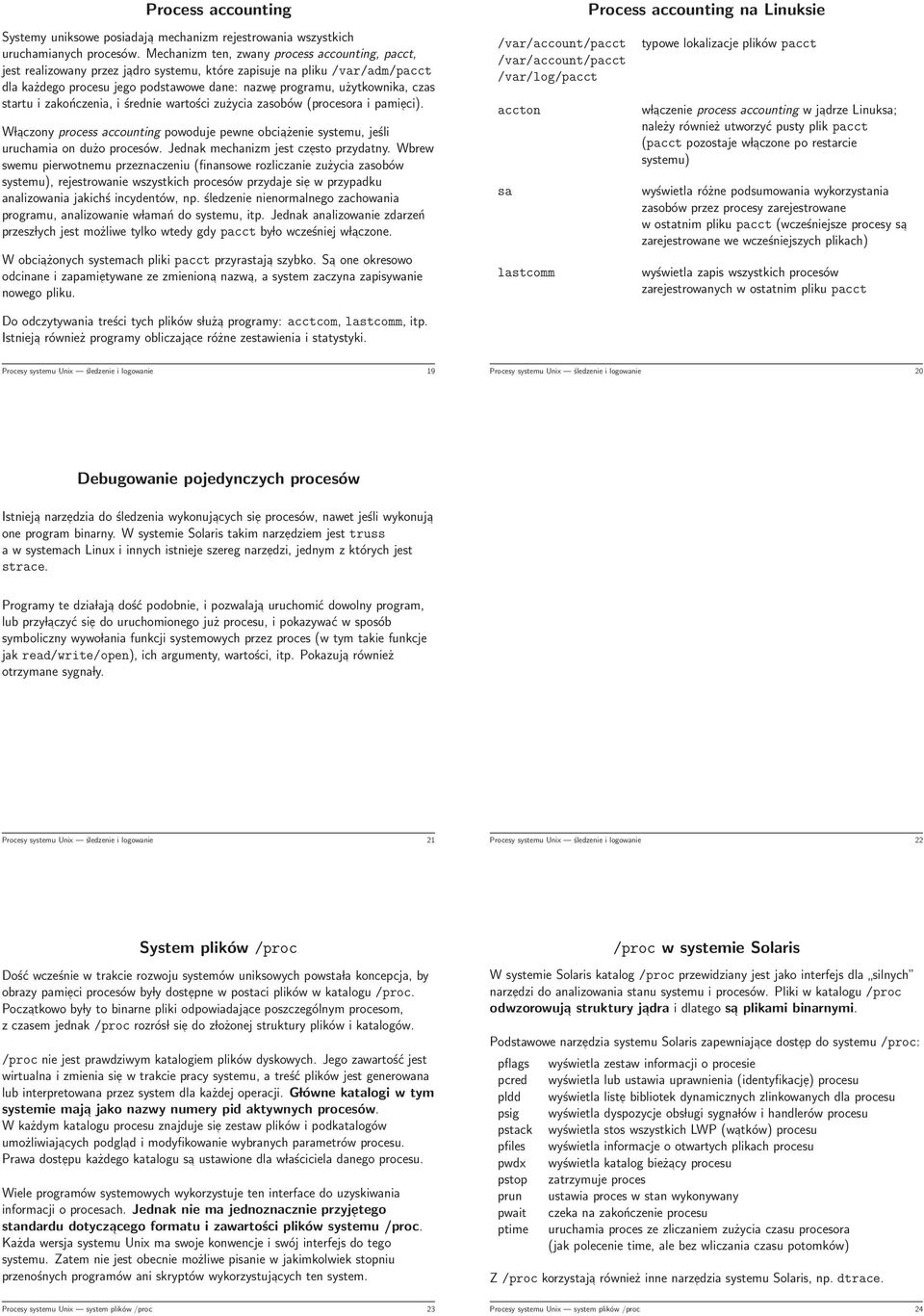 czas startu i zakończenia, i średnie wartości zużycia zasobów (procesora i pamieci). W laczony process accounting powoduje pewne obciażenie systemu, jeśli uruchamia on dużo procesów.