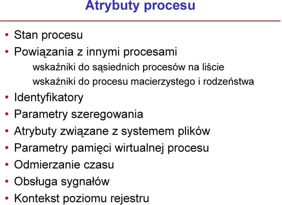 Identyfikatory Parametry szeregowania Atrybuty związane z systemem plików