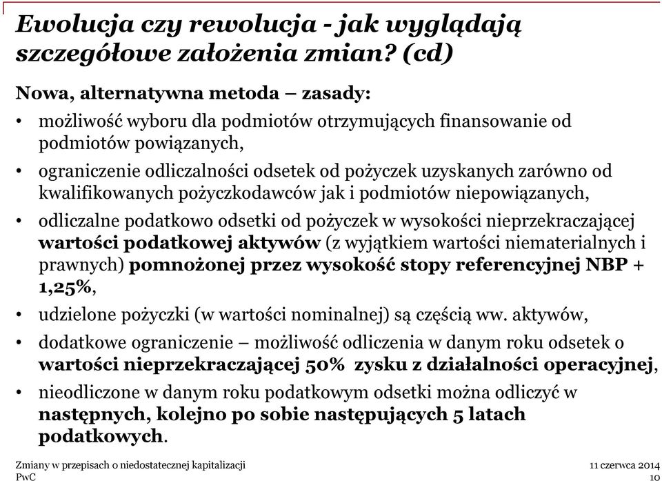 kwalifikowanych pożyczkodawców jak i podmiotów niepowiązanych, odliczalne podatkowo odsetki od pożyczek w wysokości nieprzekraczającej wartości podatkowej aktywów (z wyjątkiem wartości