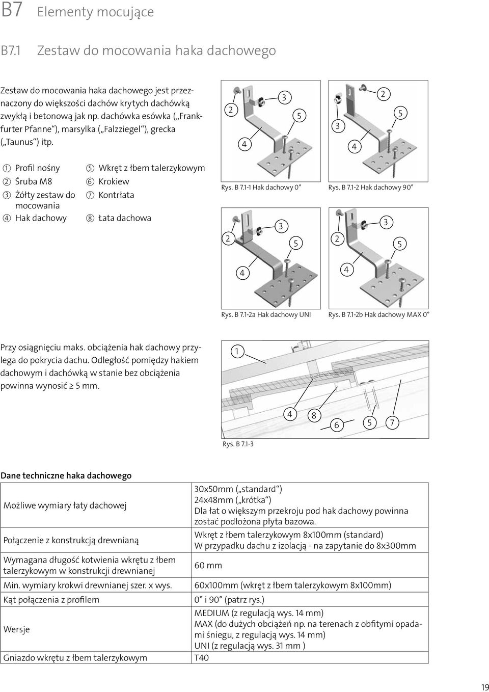 4 3 5 3 4 5 1 Profil nośny 5 Wkręt z łbem talerzykowym Śruba M8 6 Krokiew 3 Żółty zestaw do 7 Kontrłata mocowania 4 Hak dachowy 8 Łata dachowa Rys. B 7.1-1 Hak dachowy 0 Rys. B 7.1- Hak dachowy 90 3 3 5 5 4 4 Rys.
