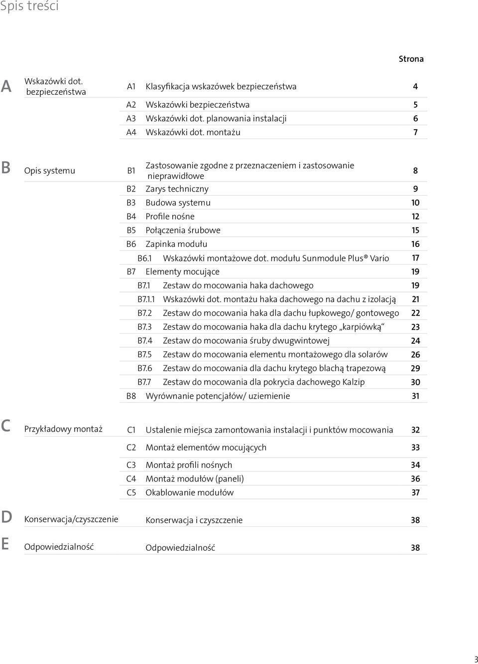 16 B6.1 Wskazówki montażowe dot. modułu Sunmodule Plus Vario 17 B7 Elementy mocujące 19 B7.1 B7.1.1 B7. B7.3 B7.4 B7.5 B7.6 B7.7 Zestaw do mocowania haka dachowego Wskazówki dot.