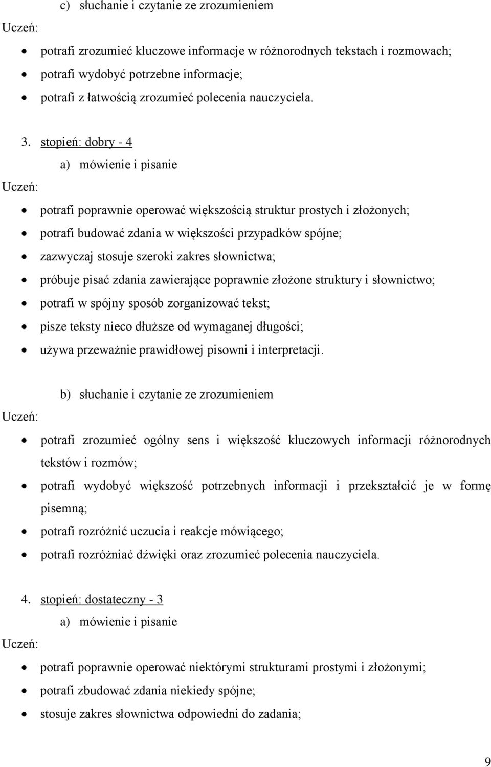 stopień: dobry - 4 a) mówienie i pisanie potrafi poprawnie operować większością struktur prostych i złożonych; potrafi budować zdania w większości przypadków spójne; zazwyczaj stosuje szeroki zakres