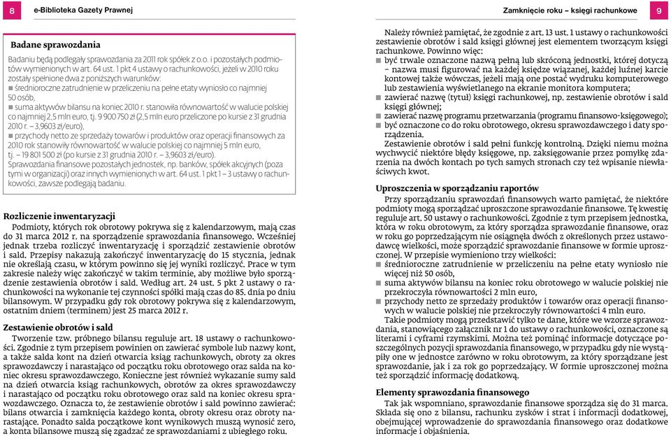 bilansu na koniec 2010 r. stanowiła równowartość w walucie polskiej co najmniej 2,5 mln euro, tj. 9 900 750 zł (2,5 mln euro przeliczone po kursie z 31 grudnia 2010 r.