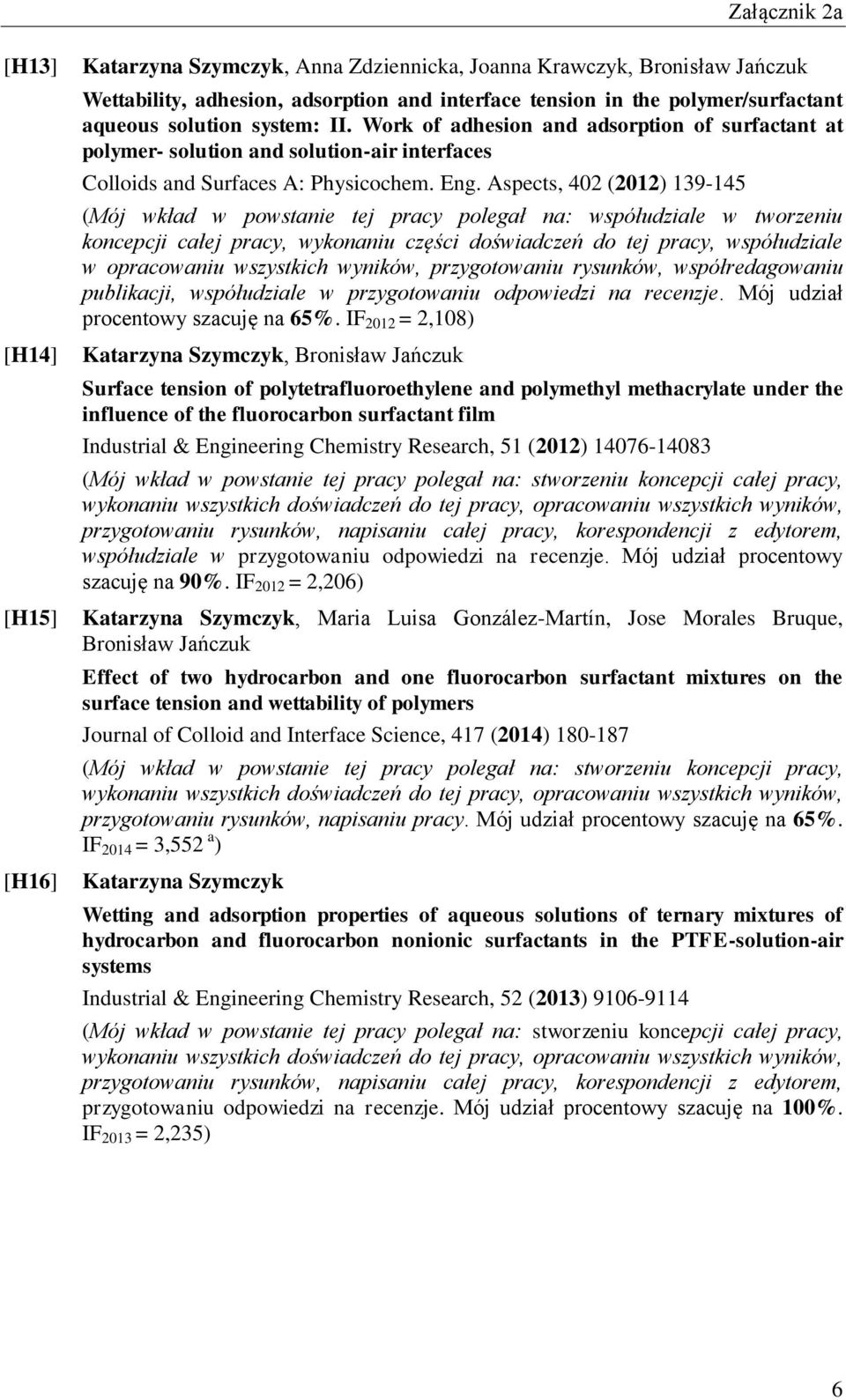 Aspects, 402 (2012) 139-145 (Mój wkład w powstanie tej pracy polegał na: współudziale w tworzeniu koncepcji całej pracy, wykonaniu części doświadczeń do tej pracy, współudziale w opracowaniu