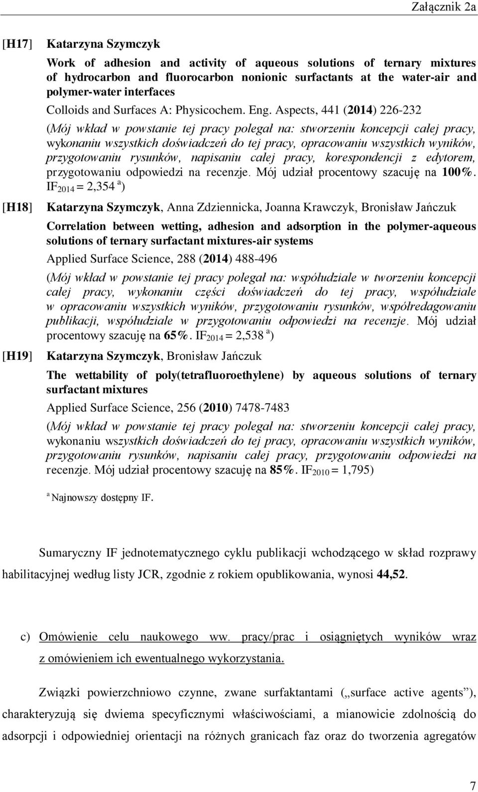 Aspects, 441 (2014) 226-232 (Mój wkład w powstanie tej pracy polegał na: stworzeniu koncepcji całej pracy, wykonaniu wszystkich doświadczeń do tej pracy, opracowaniu wszystkich wyników, przygotowaniu