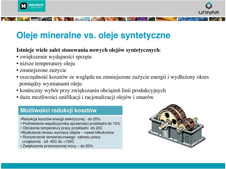 względu na zmniejszone zużycie energii i wydłużony okres pomiędzy wymianami oleju konieczny wybór przy zwiększaniu obciążeń linii produkcyjnych duże możliwości unifikacji i