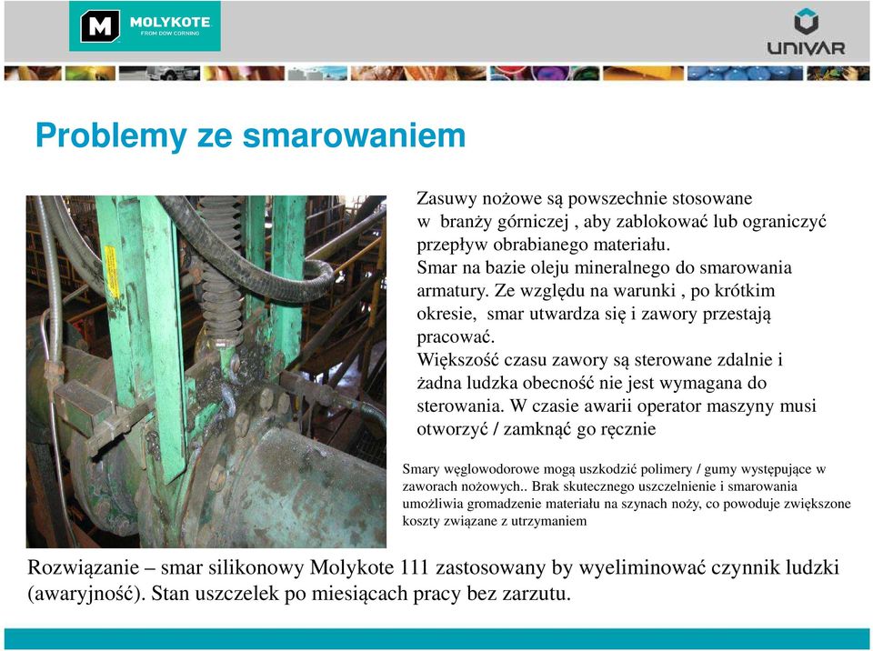 W czasie awarii operator maszyny musi otworzyć / zamknąć go ręcznie Smary węglowodorowe mogą uszkodzić polimery / gumy występujące w zaworach nożowych.