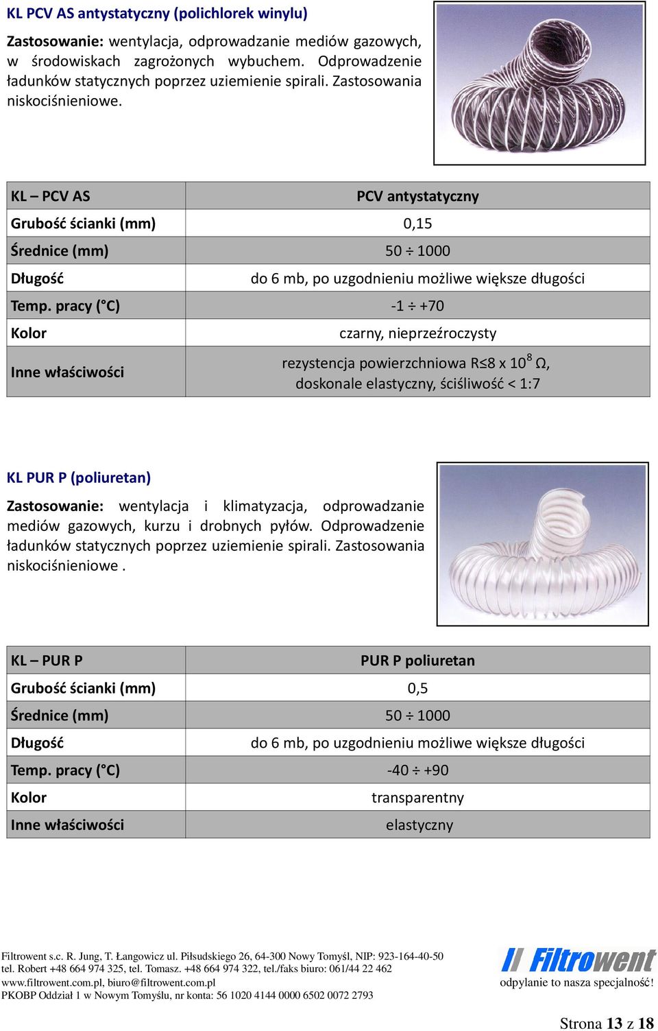 pracy ( C) -1 +70 Inne właściwości czarny, nieprzeźroczysty rezystencja powierzchniowa R 8 x 10 8 Ω, doskonale elastyczny, ściśliwość < 1:7 KL PUR P (poliuretan) Zastosowanie: wentylacja i