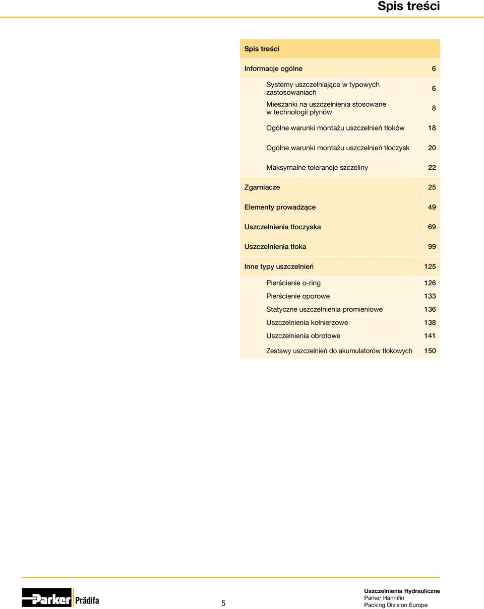Zgarniacze 25 Elementy prowadzące 49 Uszczelnienia tłoczyska 69 Uszczelnienia tłoka 99 Inne typy uszczelnień 125 Pierścienie o-ring 126 Pierścienie