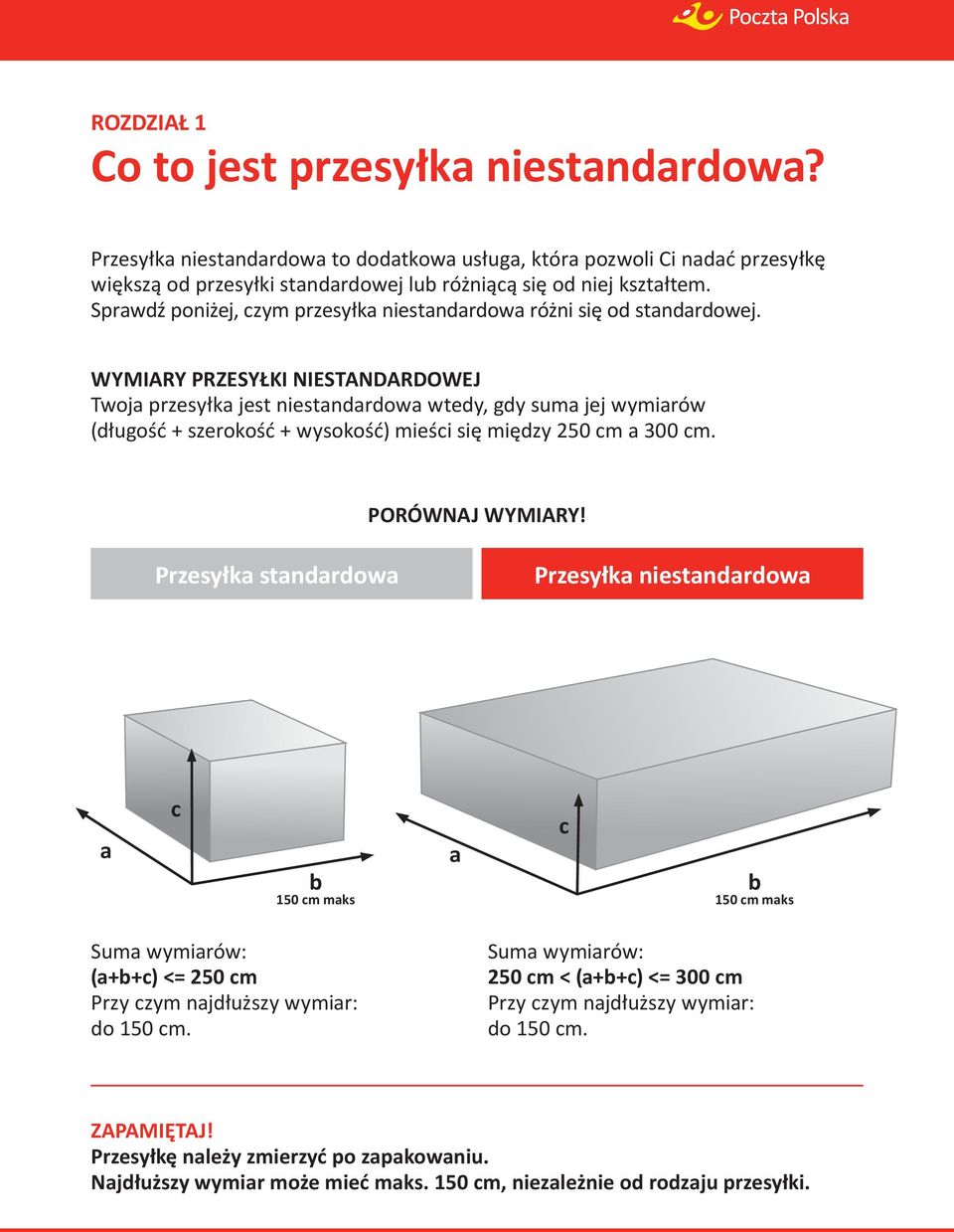 WYMIARY PRZESYŁKI NIESTANDARDOWEJ Twoja przesyłka jest niestandardowa wtedy, gdy suma jej wymiarów (długość + szerokość + wysokość) mieści się między 250 cm a 300 cm. PORÓWNAJ WYMIARY!