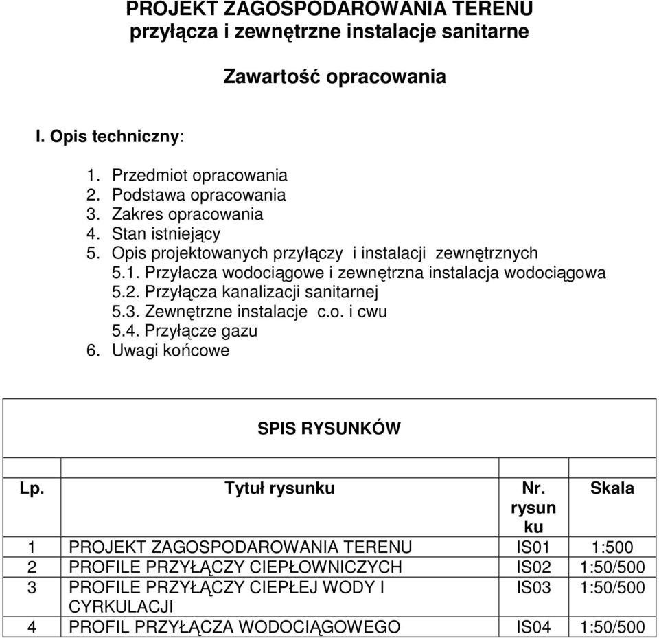 Przyłącza kanalizacji sanitarnej 5.3. Zewnętrzne instalacje c.o. i cwu 5.4. Przyłącze gazu 6. Uwagi końcowe SPIS RYSUNKÓW Lp. Tytuł rysunku Nr.