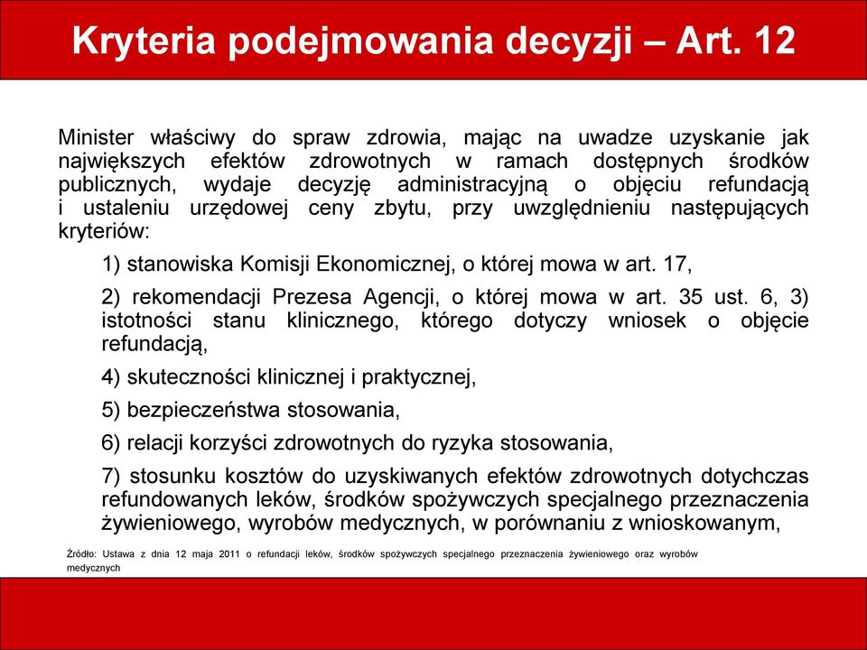 ustaleniu urzędowej ceny zbytu, przy uwzględnieniu następujących kryteriów: 1) stanowiska Komisji Ekonomicznej, o której mowa w art. 17, 2) rekomendacji Prezesa Agencji, o której mowa w art. 35 ust.