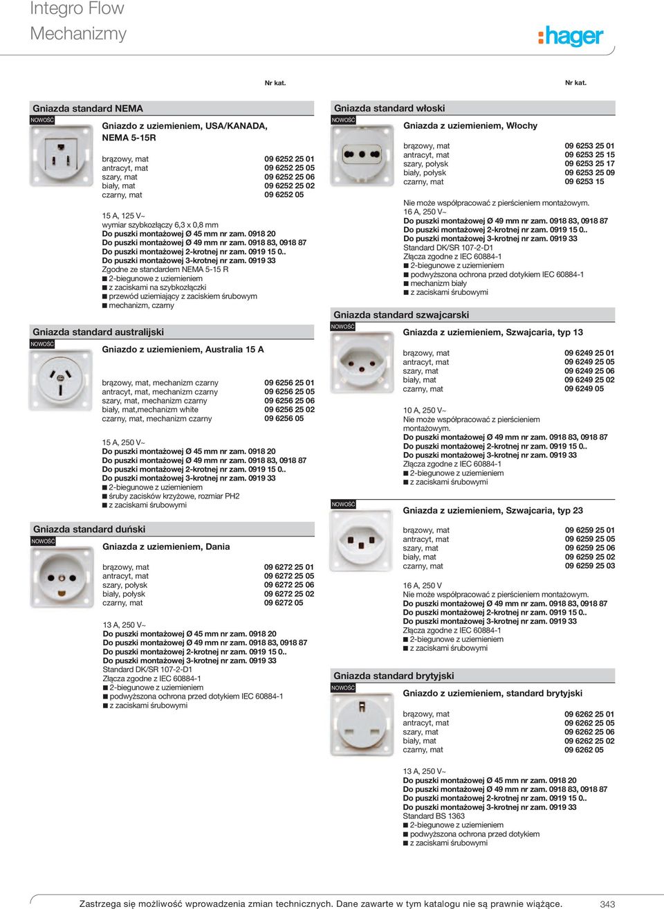 mechanizm czarny, mechanizm czarny, mechanizm czarny,mechanizm white, mechanizm czarny Gniazda z uziemieniem, Dania 09 6256 25 01 09 6256 25 05 09 6256 25 06 09 6256 25 02 09 6256 05 15 A, 250 V~