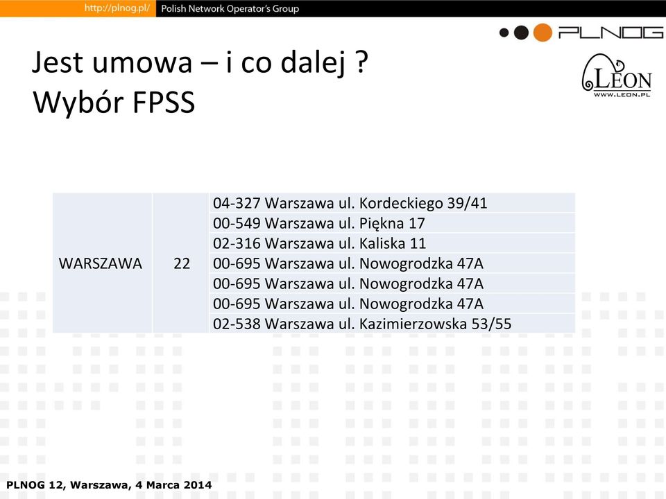 Kaliska 11 00-695 Warszawa ul. Nowogrodzka 47A 00-695 Warszawa ul.