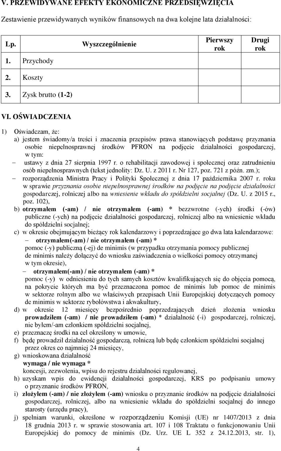 OŚWIADCZENIA 1) Oświadczam, że: a) jestem świadomy/a treści i znaczenia przepisów prawa stanowiących podstawę przyznania osobie niepełnosprawnej środków PFRON na podjęcie działalności gospodarczej, w