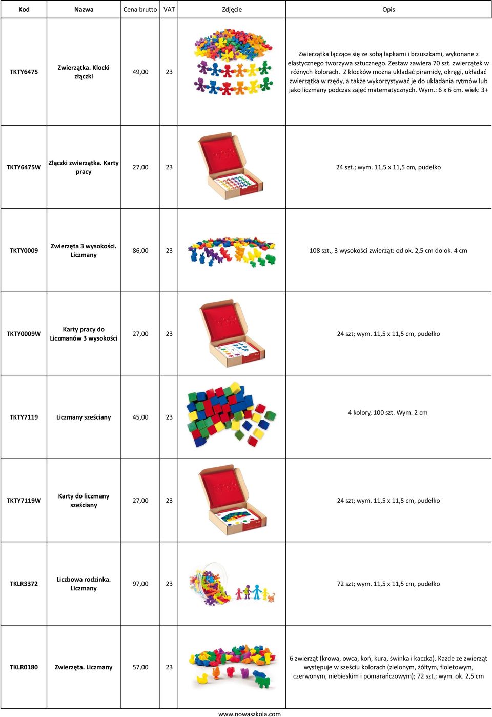 wiek: 3+ TKTY6475W Złączki zwierzątka. Karty pracy 27,00 23 24 szt.; wym. 11,5 x 11,5 cm, pudełko TKTY0009 Zwierzęta 3 wysokości. 86,00 23 108 szt., 3 wysokości zwierząt: od ok. 2,5 cm do ok.