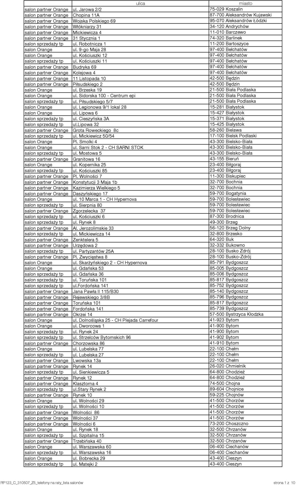 Andrychów salon partner Orange Mickiewicza 4 11-010 Barczewo salon partner Orange 31 Stycznia 1 74-320 Barlinek salon sprzedaży tp ul. Robotnicza 1 11-200 Bartoszyce salon Orange ul.